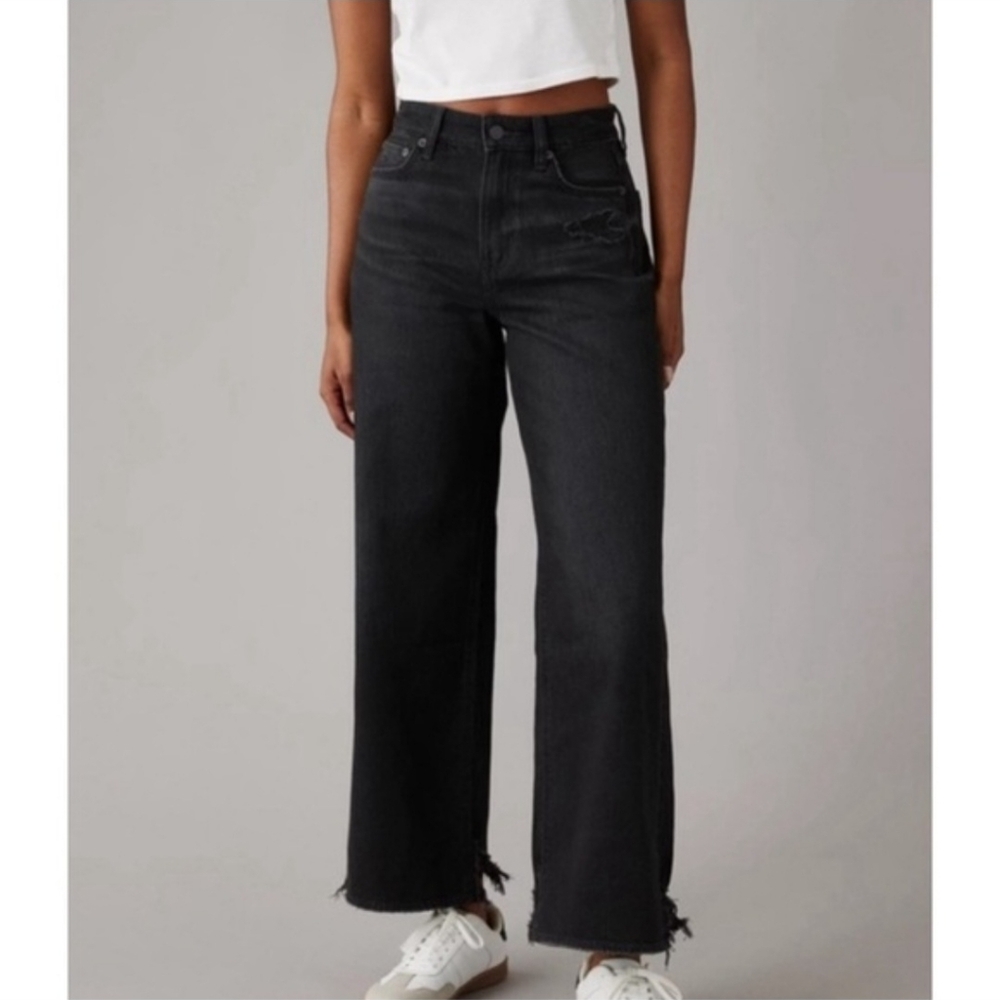 American Eagle Womens Super High Rise Baggy Wide Leg Ankle Jeans Black Sz 12 R